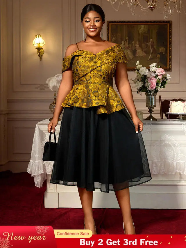 AOMEIDRESS Two Piece Set Jacquard Off Shoulder Tops With A Line Skirt Yellow / S