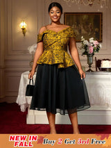 AOMEIDRESS Two Piece Set Jacquard Off Shoulder Tops With A Line Skirt Yellow / S