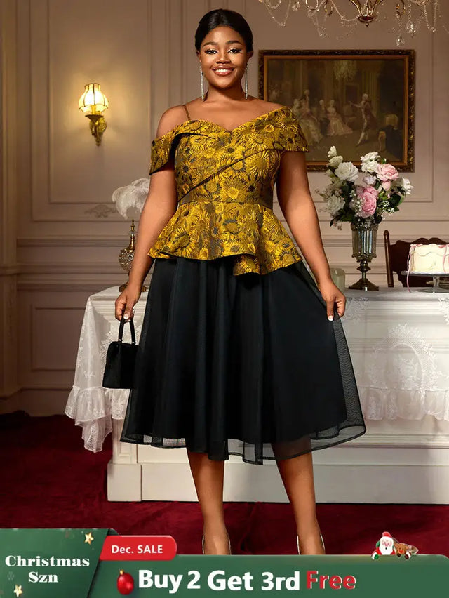 AOMEIDRESS Two Piece Set Jacquard Off Shoulder Tops With A Line Skirt Yellow / S