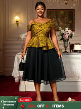 AOMEIDRESS Two Piece Set Jacquard Off Shoulder Tops With A Line Skirt Yellow / S