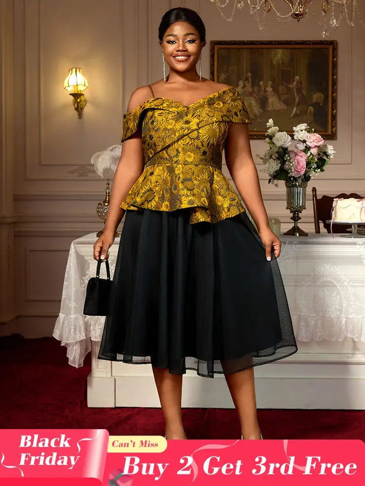 AOMEIDRESS Two Piece Set Jacquard Off Shoulder Tops With A Line Skirt Yellow / S