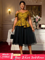 AOMEIDRESS Two Piece Set Jacquard Off Shoulder Tops With A Line Skirt Yellow / S