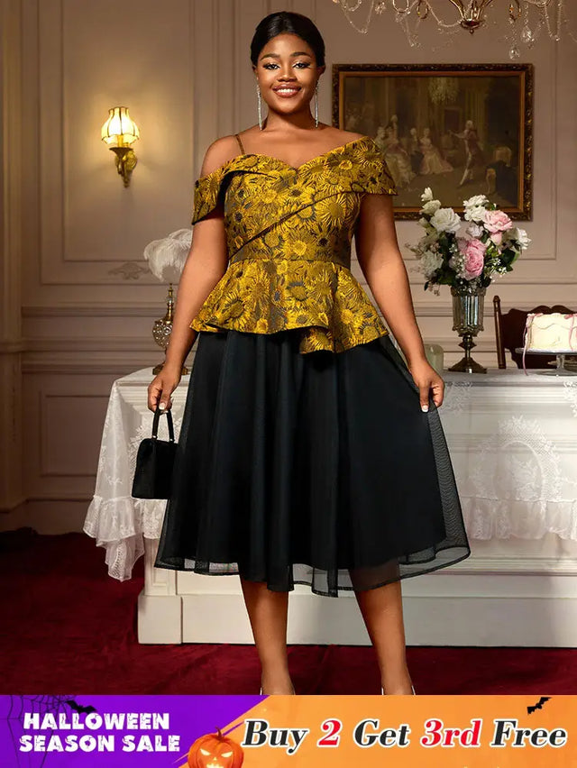 AOMEIDRESS Two Piece Set Jacquard Off Shoulder Tops With A Line Skirt Yellow / S