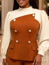 AOMEIDRESS Two Piece Set Lantern Sleeve Colorblock Top Wide Leg Pant