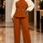 AOMEIDRESS Two Piece Set Lantern Sleeve Colorblock Top Wide Leg Pant - Brown / S