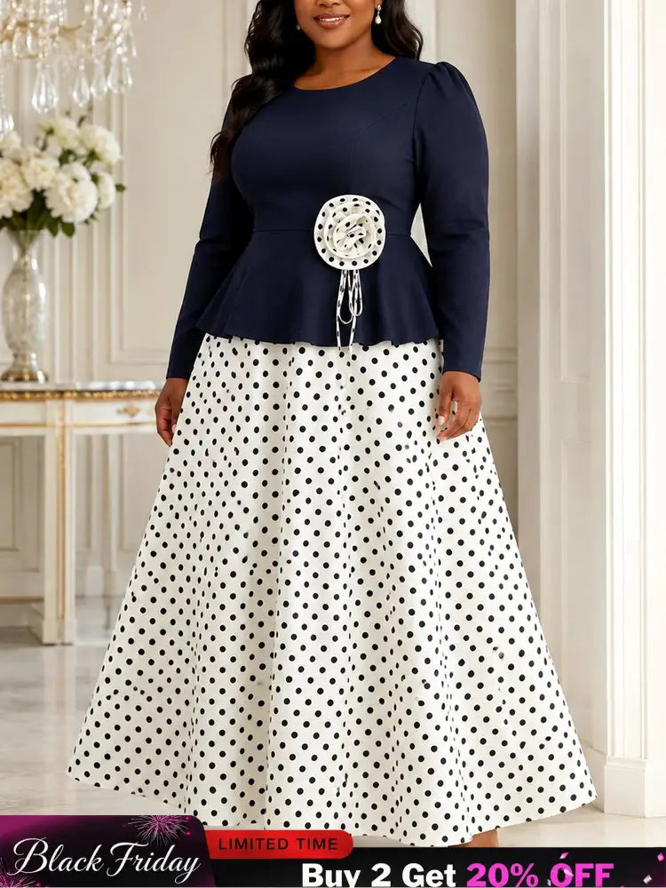 AOMEIDRESS Dress Set O Neck 3/4 Sleeve 3D Floral Top Pleated Skirt - Navy / L