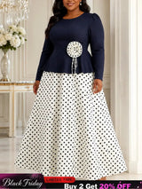 AOMEIDRESS Dress Set O Neck 3/4 Sleeve 3D Floral Top Pleated Skirt - Navy / L