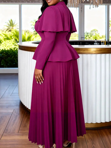 AOMEIDRESS Two Piece Set Long Sleeves Buttons Cape Tops Pleated Skirt