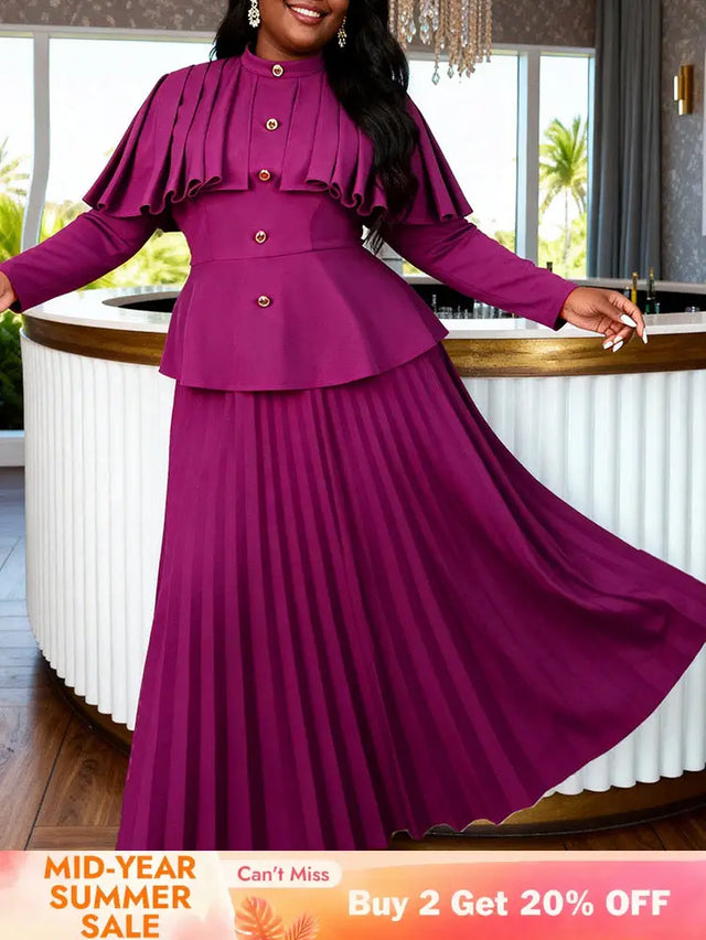 AOMEIDRESS Two Piece Set Long Sleeves Buttons Cape Tops Pleated Skirt - Purple Red / L