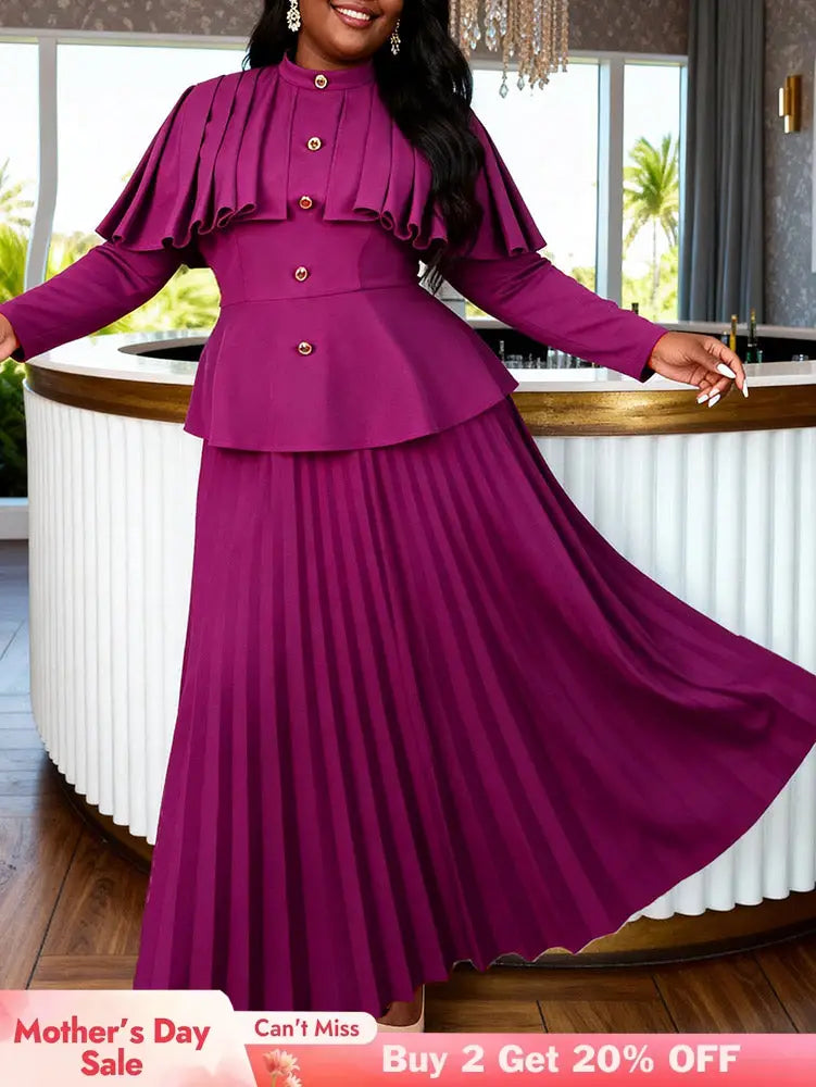 AOMEIDRESS Two Piece Set Long Sleeves Buttons Cape Tops Pleated Skirt - Purple Red / L