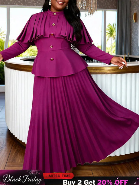 AOMEIDRESS Two Piece Set Long Sleeves Buttons Cape Tops Pleated Skirt - Purple Red / L