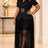 AOMEIDRESS Two Piece Set Notched Collar Short Sleeve Belt Lace Skirts - Black / S