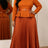 AOMEIDRESS Two Piece Set O Neck Long Sleeves Belt Top Pleated Skirt - Brown / S