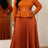 AOMEIDRESS Two Piece Set O Neck Long Sleeves Belt Top Pleated Skirt - Brown / S