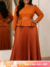 AOMEIDRESS Two Piece Set O Neck Long Sleeves Belt Top Pleated Skirt - Brown / S