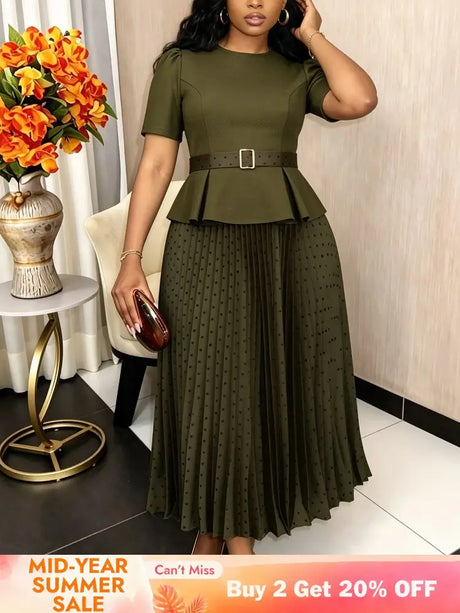 AOMEIDRESS Two Piece Set O Neck Short Sleeve Top Polka Dots Skirt - OliveGreen / L