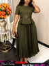 AOMEIDRESS Two Piece Set O Neck Short Sleeve Top Polka Dots Skirt - OliveGreen / L