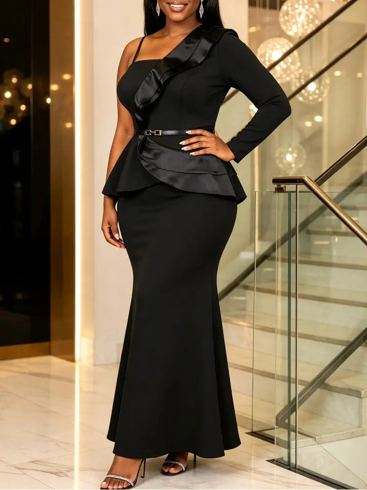 AOMEIDRESS Two Piece Set One Shoulder Strap Peplum Top Mermaid Skirt - Black / S