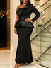 AOMEIDRESS Two Piece Set One Shoulder Strap Peplum Top Mermaid Skirt - Black / S