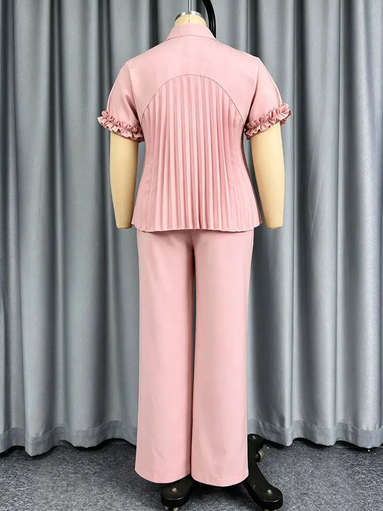 AOMEIDRESS Two Piece Set Short Sleeve Ruffles Blouse Wide Leg Pants