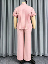 AOMEIDRESS Two Piece Set Short Sleeve Ruffles Blouse Wide Leg Pants