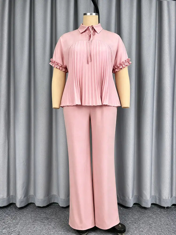 AOMEIDRESS Two Piece Set Short Sleeve Ruffles Blouse Wide Leg Pants