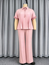 AOMEIDRESS Two Piece Set Short Sleeve Ruffles Blouse Wide Leg Pants