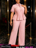 AOMEIDRESS Two Piece Set Short Sleeve Ruffles Blouse Wide Leg Pants - Pink / L