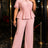 AOMEIDRESS Two Piece Set Short Sleeve Ruffles Blouse Wide Leg Pants - Pink / L