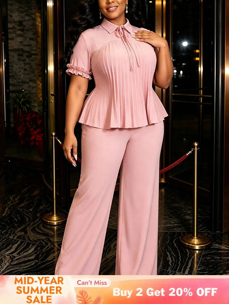 AOMEIDRESS Two Piece Set Short Sleeve Ruffles Blouse Wide Leg Pants - Pink / L