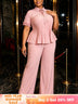 AOMEIDRESS Two Piece Set Short Sleeve Ruffles Blouse Wide Leg Pants - Pink / L