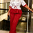 AOMEIDRESS Two Piece Set Turn Down Collar Printed Tops Wide Leg Pants - Red / S