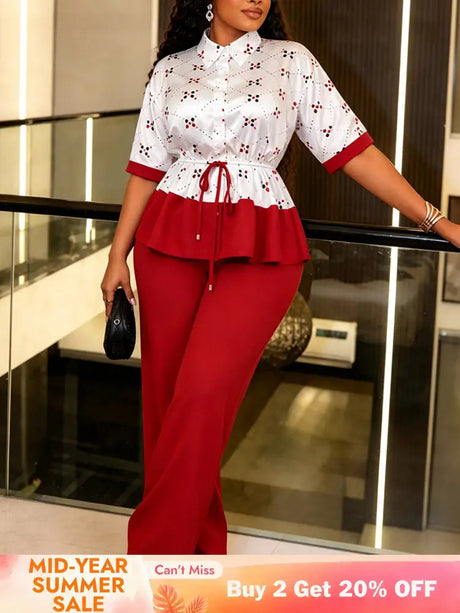 AOMEIDRESS Two Piece Set Turn Down Collar Printed Tops Wide Leg Pants - Red / S