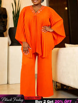 AOMEIDRESS Two Piece Set V Neck Beading Irregular Tops Wide Leg Pants - Orange / L