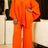 AOMEIDRESS Two Piece Set V Neck Beading Irregular Tops Wide Leg Pants - Orange / L