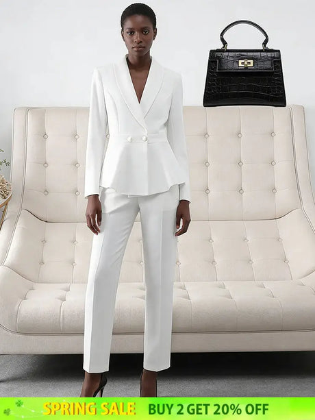 AOMEIDRESS Two Piece Set V Neck Blazer Slim Pants Casual Office Wear White / S