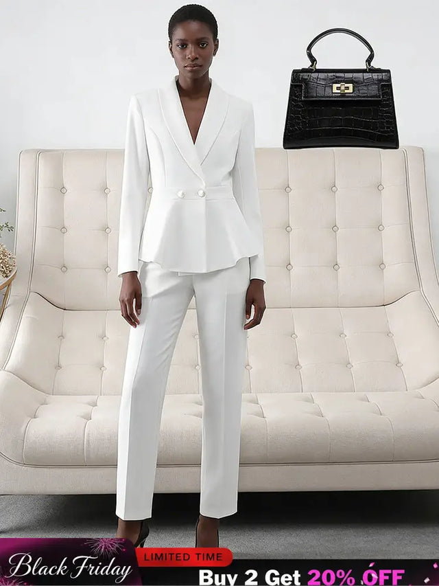 AOMEIDRESS Two Piece Set V Neck Blazer Slim Pants Casual Office Wear White / S