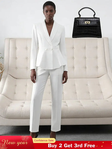 AOMEIDRESS Two Piece Set V Neck Blazer Slim Pants Casual Office Wear White / S