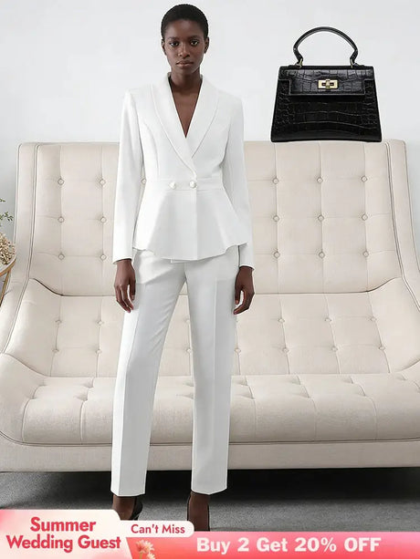 AOMEIDRESS Two Piece Set V Neck Blazer Slim Pants Casual Office Wear White / S