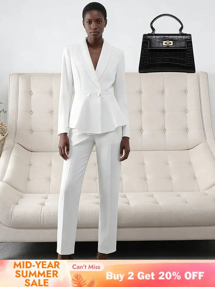 AOMEIDRESS Two Piece Set V Neck Blazer Slim Pants Casual Office Wear White / S