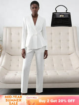 AOMEIDRESS Two Piece Set V Neck Blazer Slim Pants Casual Office Wear White / S