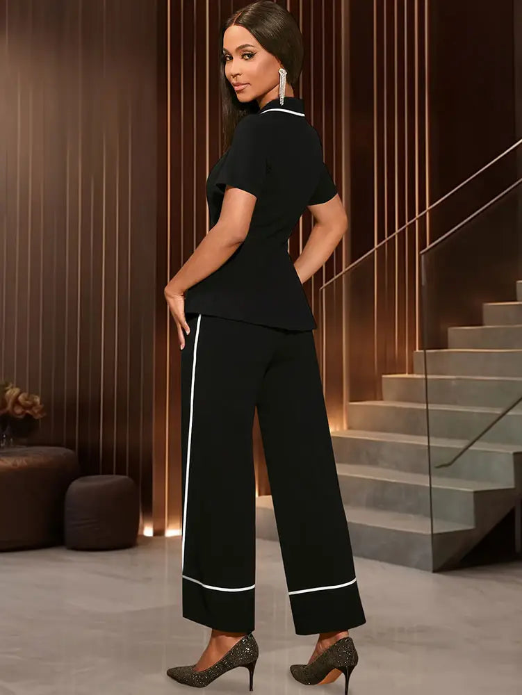 AOMEIDRESS Two Piece Set V Neck Top Slim Pants Casual Outings Wear