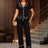 AOMEIDRESS Two Piece Set V Neck Top Slim Pants Casual Outings Wear Black / S