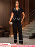 AOMEIDRESS Two Piece Set V Neck Top Slim Pants Casual Outings Wear Black / S