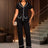 AOMEIDRESS Two Piece Set V Neck Top Slim Pants Casual Outings Wear Black / S