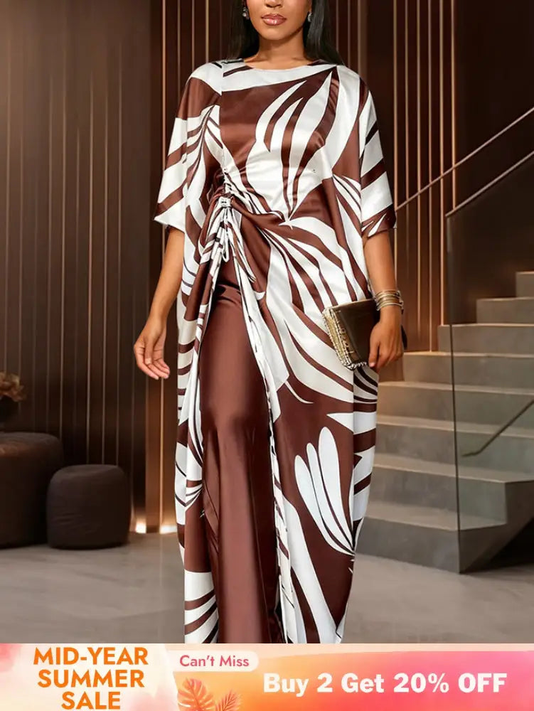 AOMEIDRESS Two Piece Sets Loose Tops Blouses String High Waist Pants - Brown / S