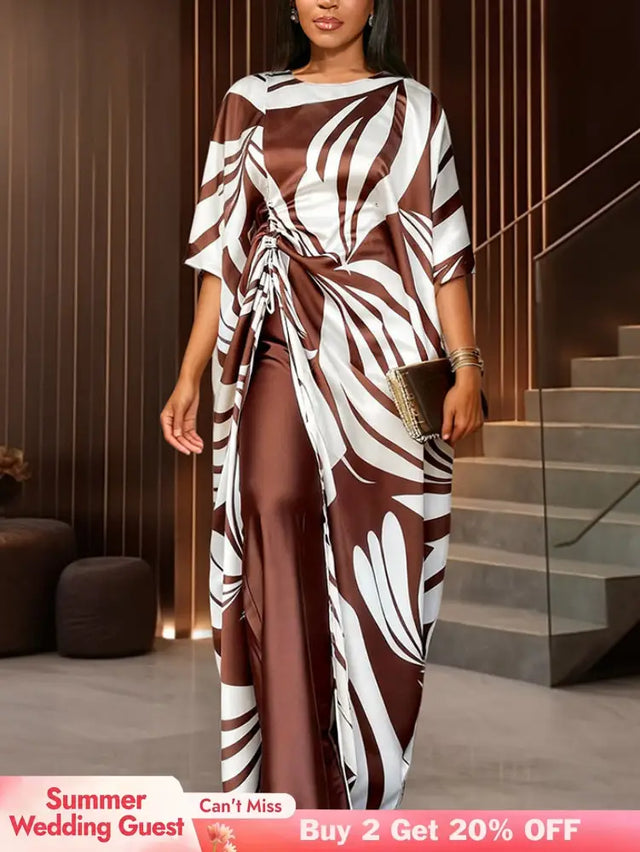 AOMEIDRESS Two Piece Sets Loose Tops Blouses String High Waist Pants - Brown / S