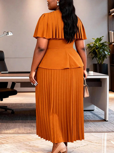 AOMEIDRESS Two Piece Sets O Neck Button Cape Style Tops Pleated Skirt