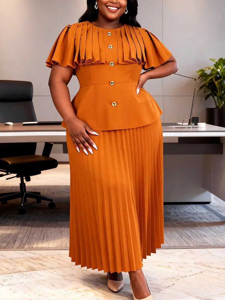 AOMEIDRESS Two Piece Sets O Neck Button Cape Style Tops Pleated Skirt