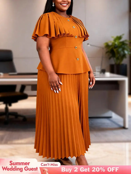 AOMEIDRESS Two Piece Sets O Neck Button Cape Style Tops Pleated Skirt - Brown / L
